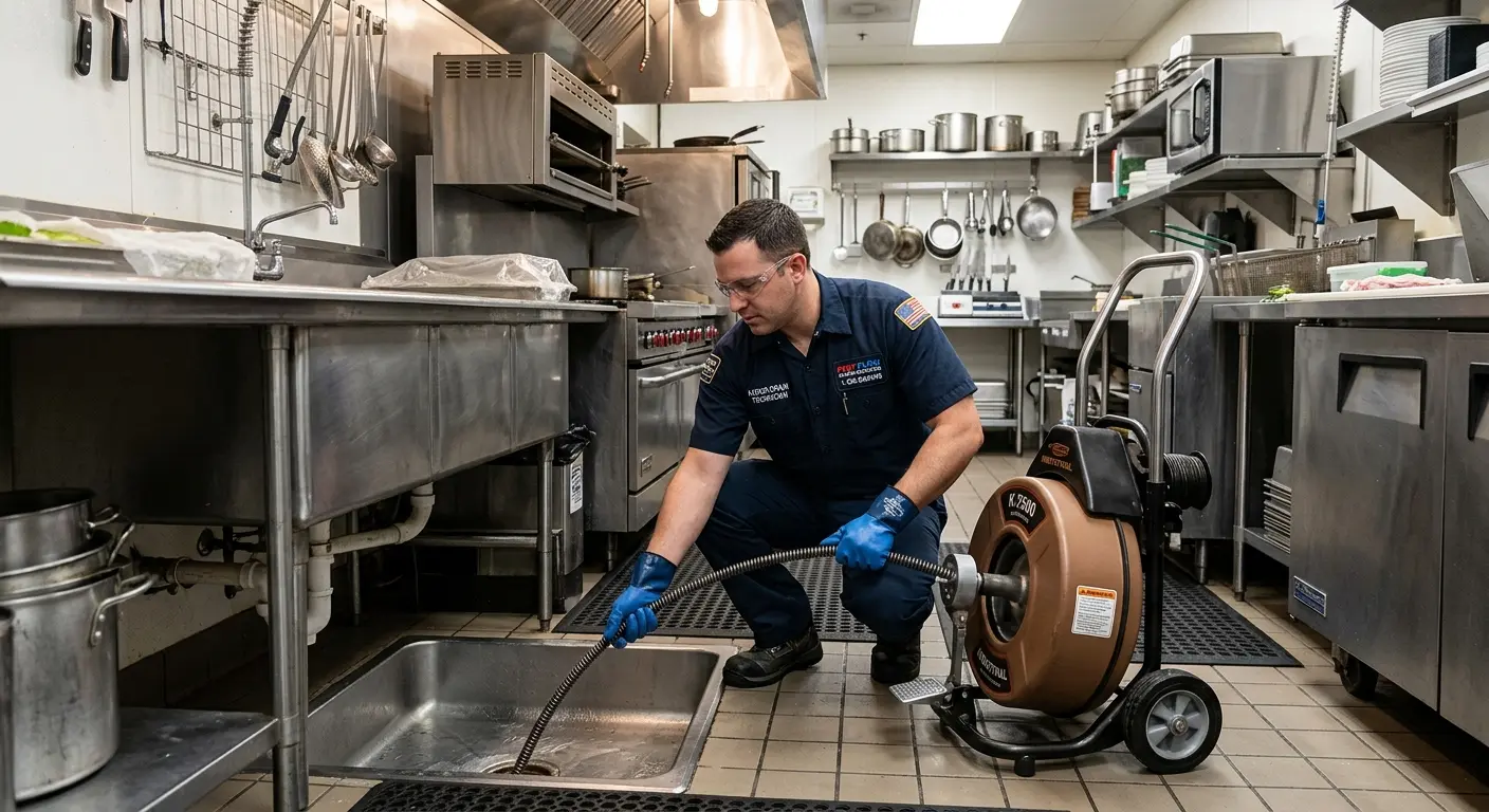 Commercial drain cleaning service in a restaurant kitchen in Marshalltown