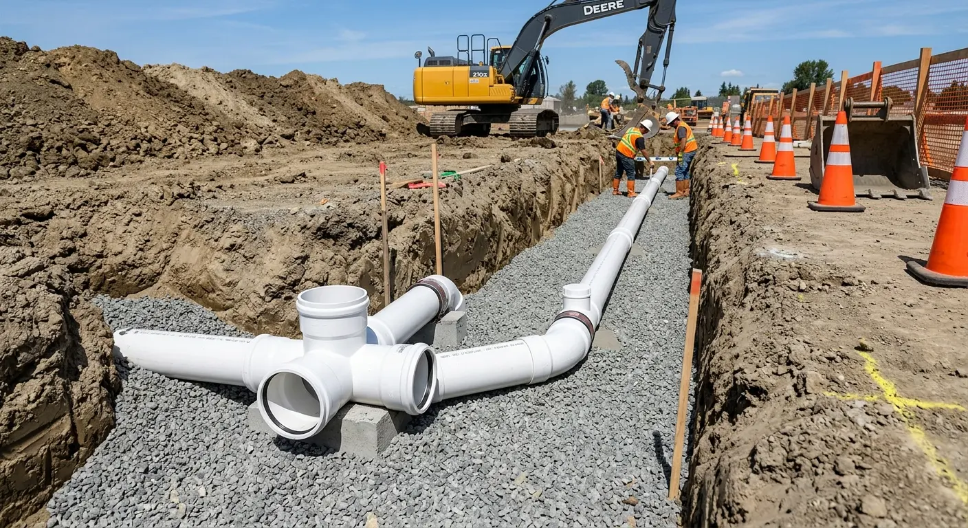 New PVC sewer pipe installation in open trench for Sewer Backup in Marshalltown