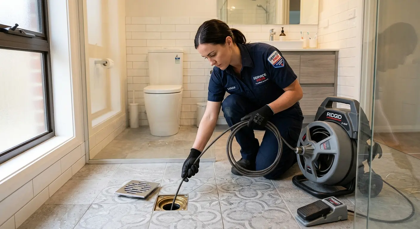 Technician clearing a bathroom floor drain for Drain Cleaning in Marshalltown